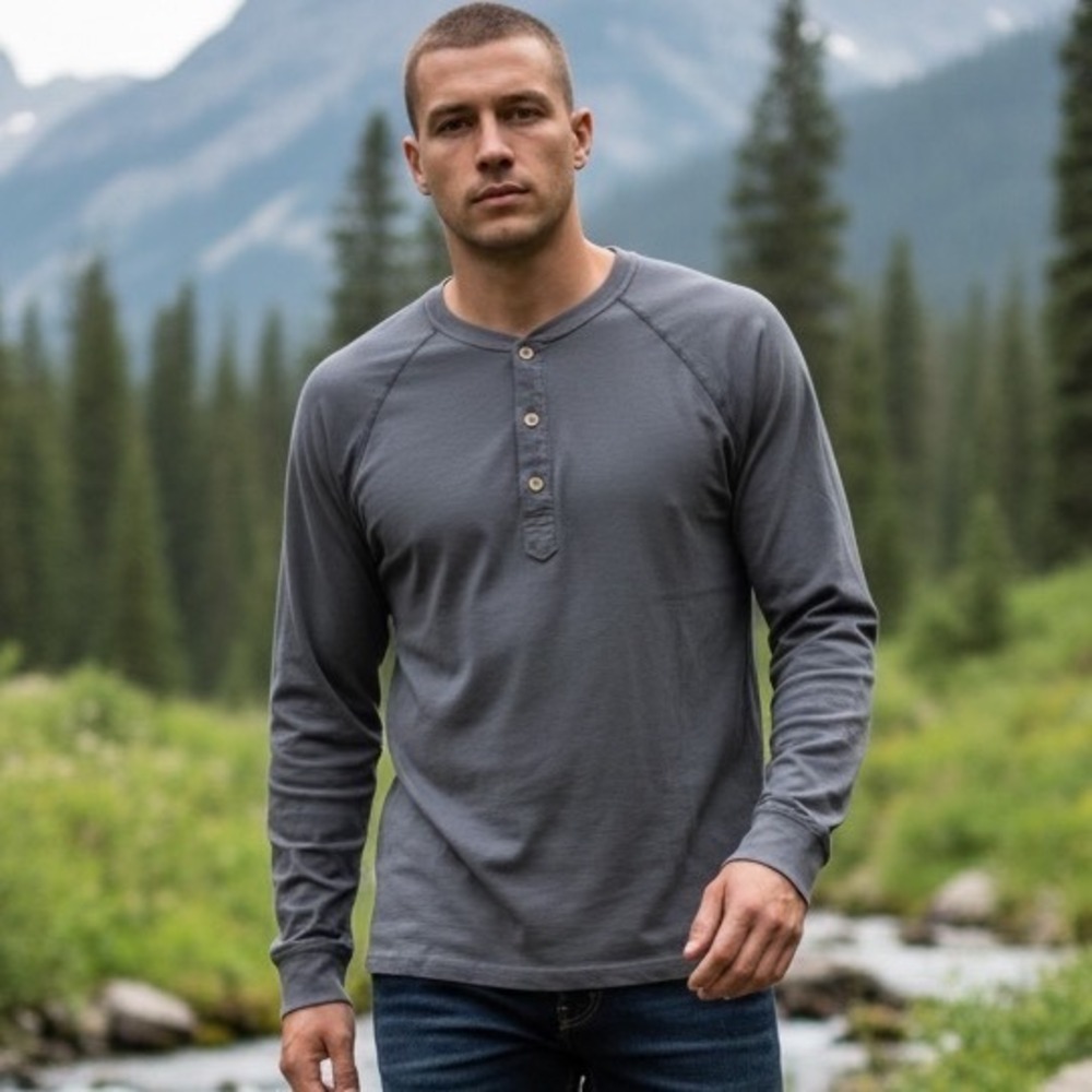 Pistol Lake Mens Gray Cotton Raglan Long Sleeve Henley Shirt Size M Made in USA